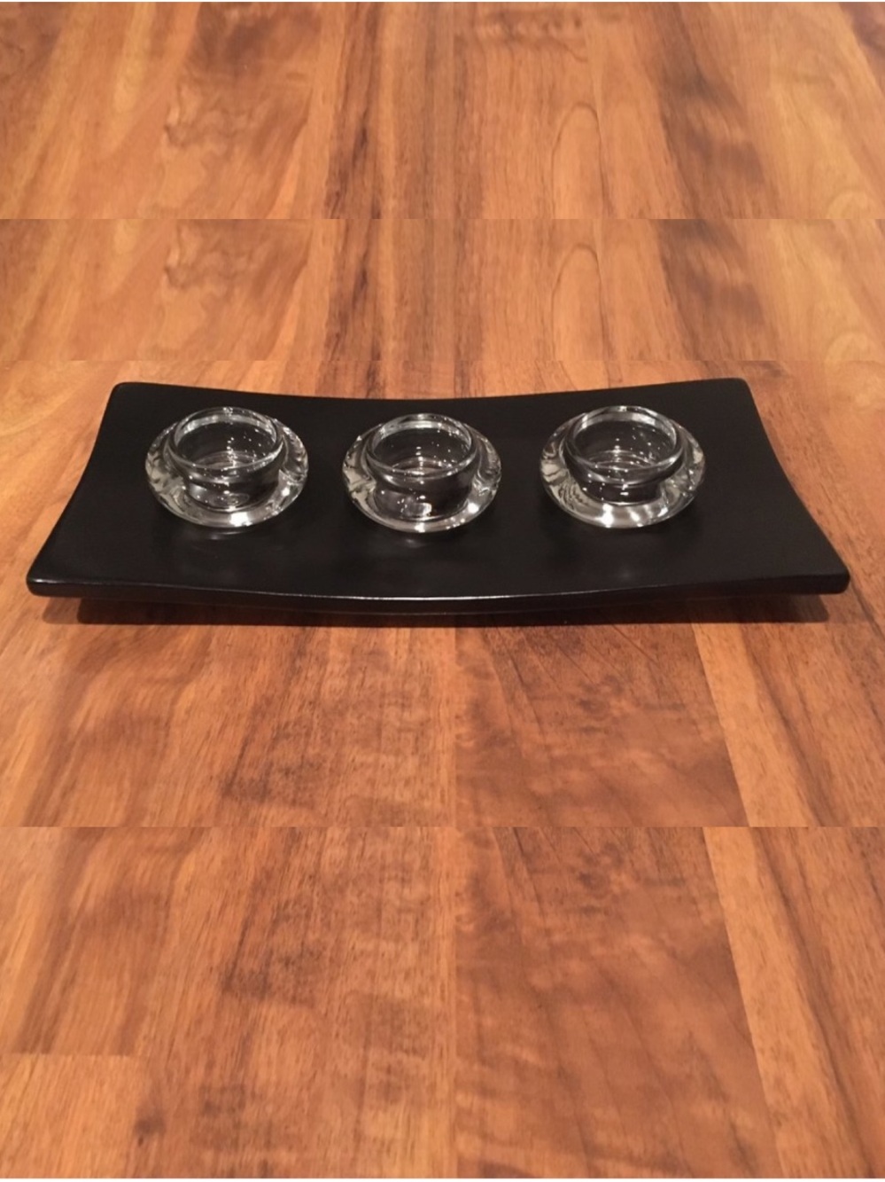 Black Tray with Three (3) Clear Tea Candle Holders - Linen's N' Things